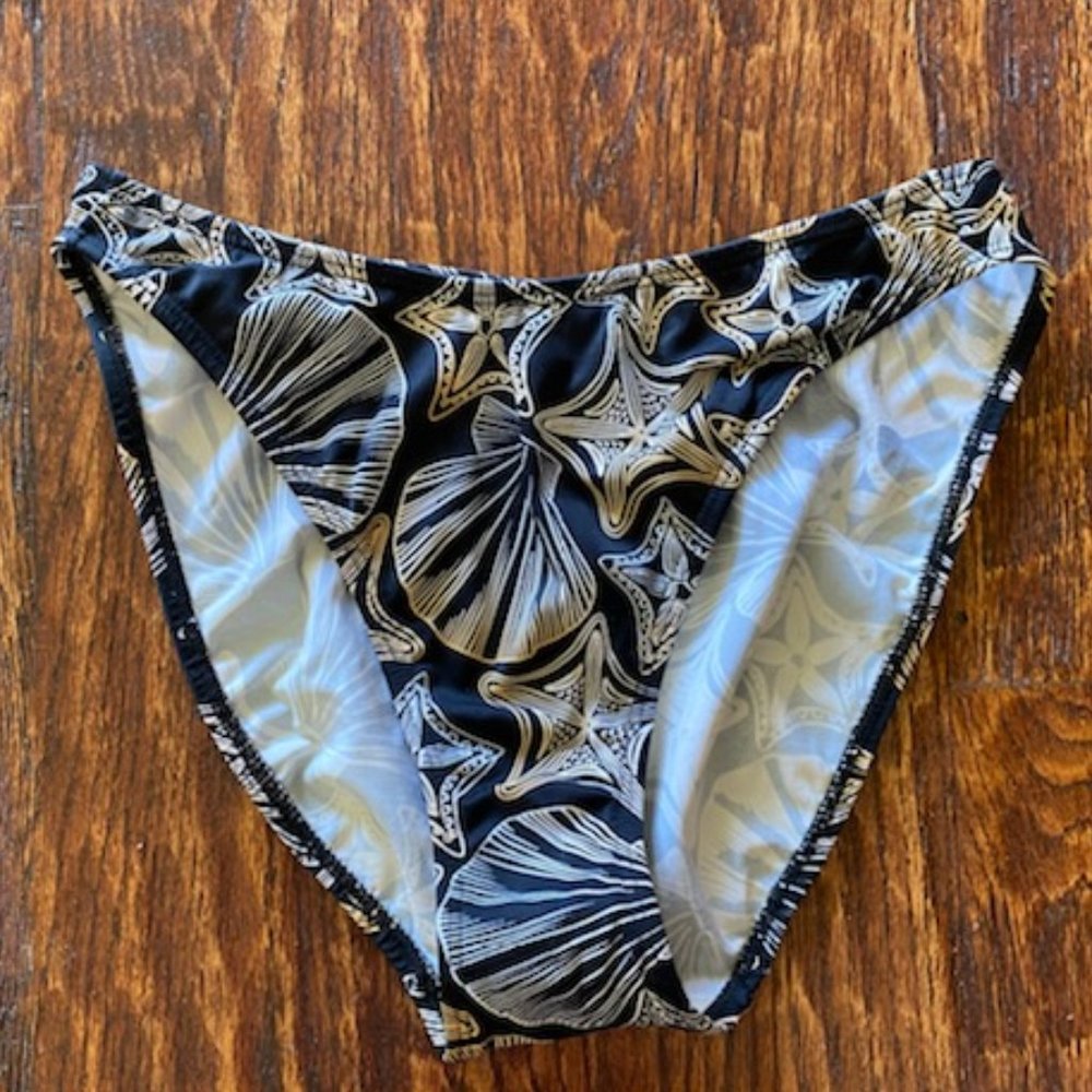 Ultimate Swimwear* HI-CUT full cover BIKINI BOTTOM* BLACK w GOLD WHITE SHELLS *S